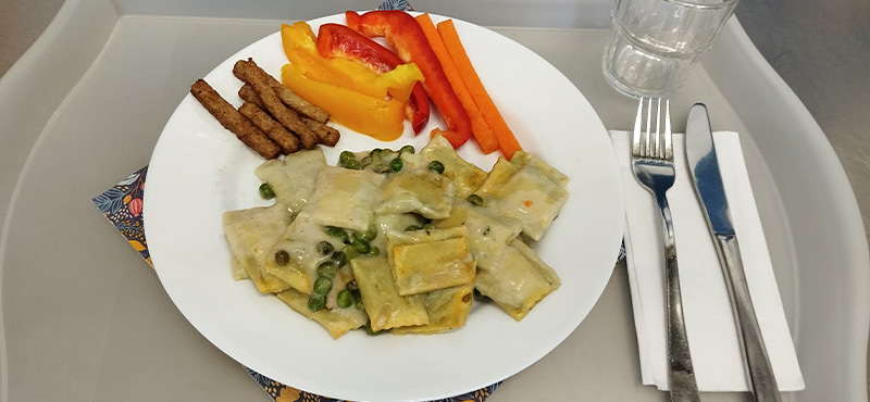 Bio-Ravioli in Sahnesoße mit Erbsen, Möhren und Protein-Streifen